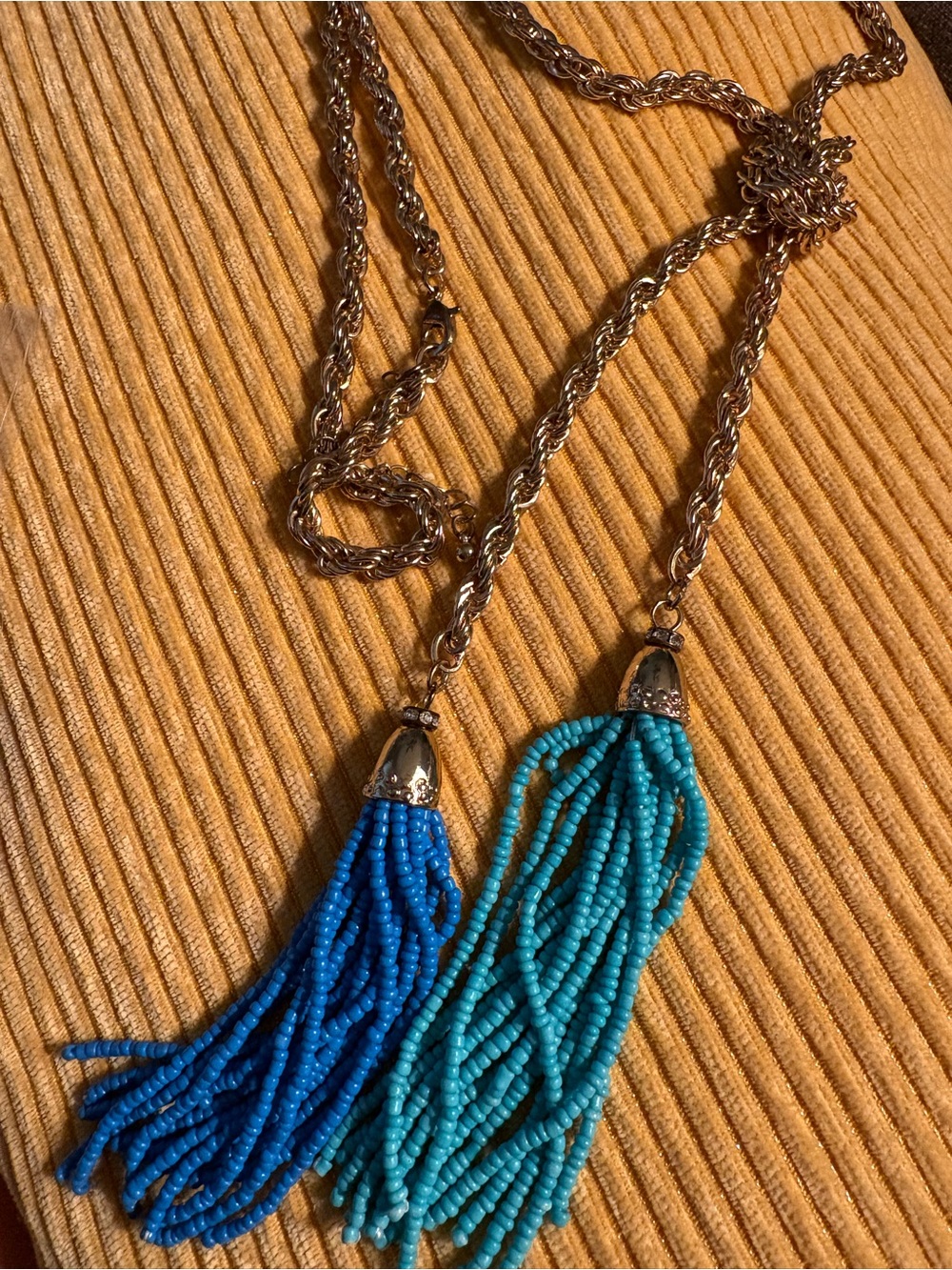 Gold Chain Necklace with Blue and Turquoise Beaded Tassels